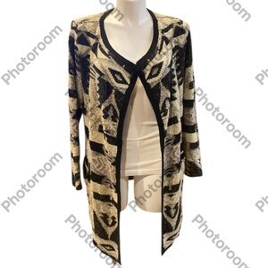Lucky Brand Open Front Cardigan Black/Cream Aztec Design Boho Hippie Sz: Large